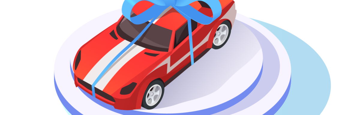 isometric illustration of a sports car on showroom platform with a big bow