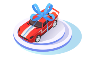 isometric illustration of a sports car on showroom platform with a big bow