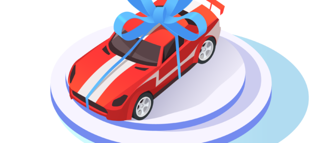 isometric illustration of a sports car on showroom platform with a big bow